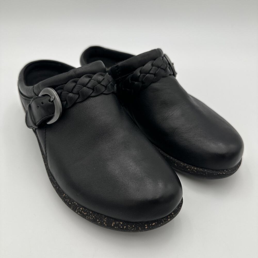 Aetrex Libby Women's Black Leather 8.5 Mules Braided Buckle Clog Comfort Shoes